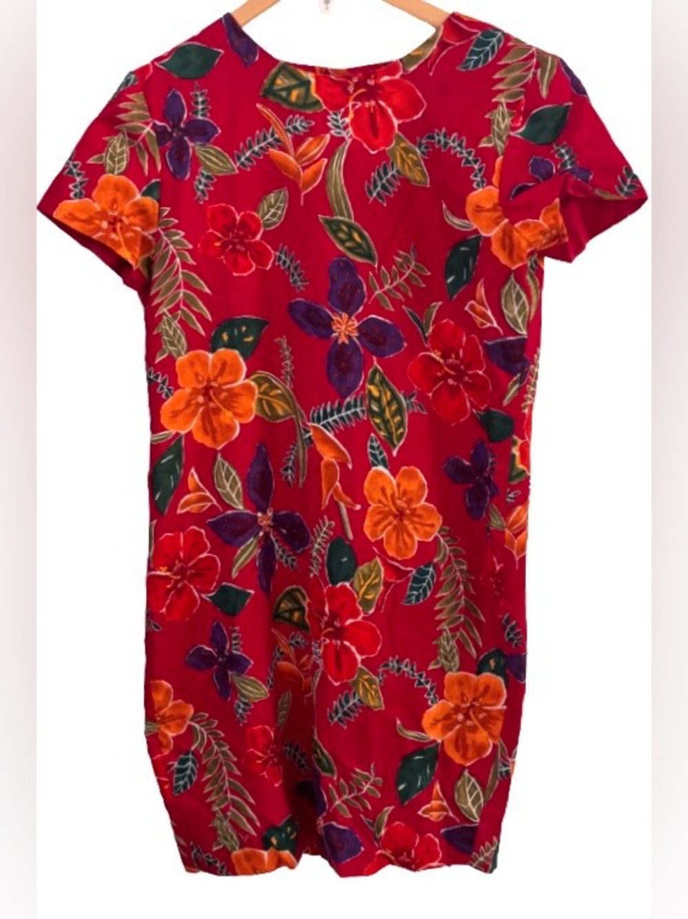Liz Claiborne VTG 100% linen red & multi tropical flrl S/S lined shth drss WM 12
